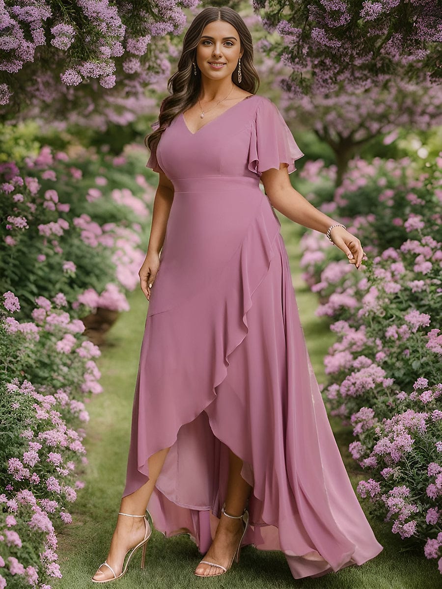 A-Line Chiffon Bridesmaid Dress with High-Low Ruffles in V-Neck Style