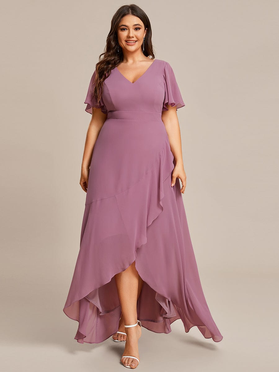 A-Line Chiffon Bridesmaid Dress with High-Low Ruffles in V-Neck Style