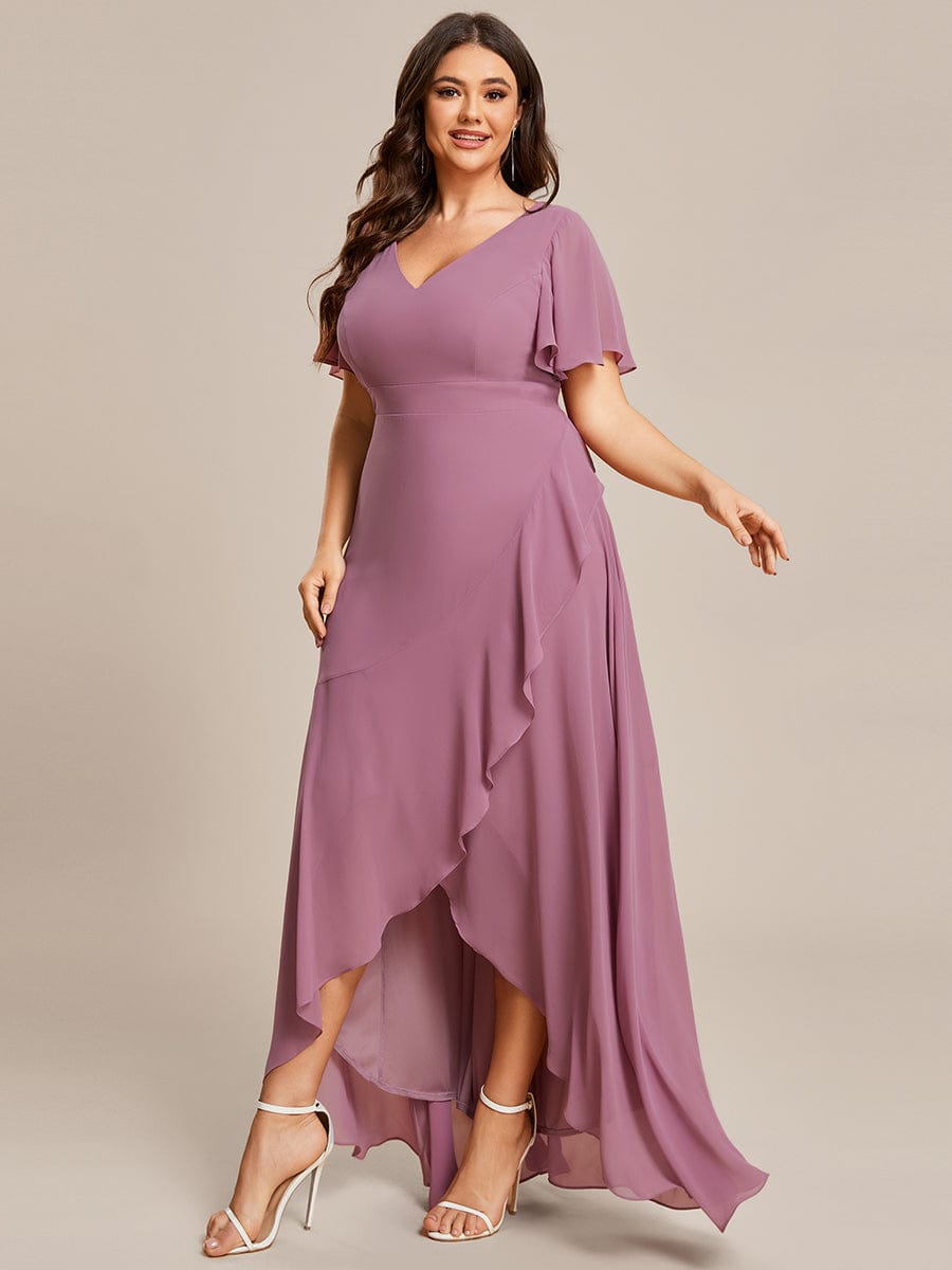 A-Line Chiffon Bridesmaid Dress with High-Low Ruffles in V-Neck Style