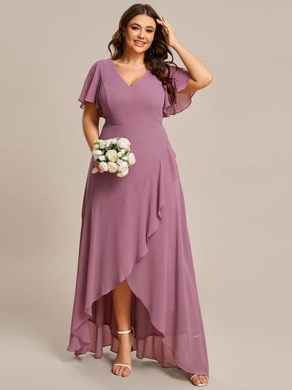 A-Line Chiffon Bridesmaid Dress with High-Low Ruffles in V-Neck Style