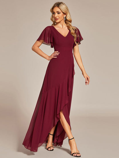 A-Line Chiffon Bridesmaid Dress with High-Low Ruffles in V-Neck Style