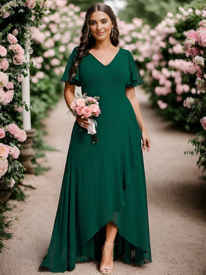 A-Line Chiffon Bridesmaid Dress with High-Low Ruffles in V-Neck Style