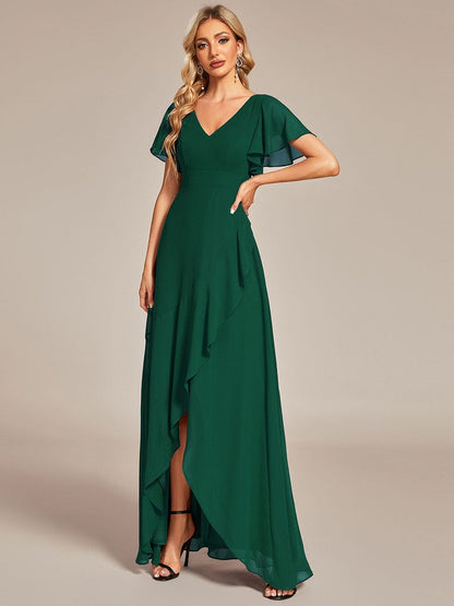 A-Line Chiffon Bridesmaid Dress with High-Low Ruffles in V-Neck Style