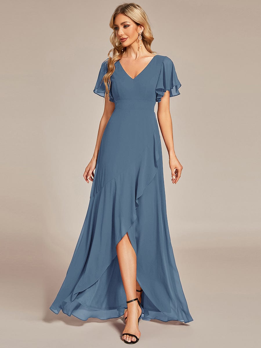 A-Line Chiffon Bridesmaid Dress with High-Low Ruffles in V-Neck Style