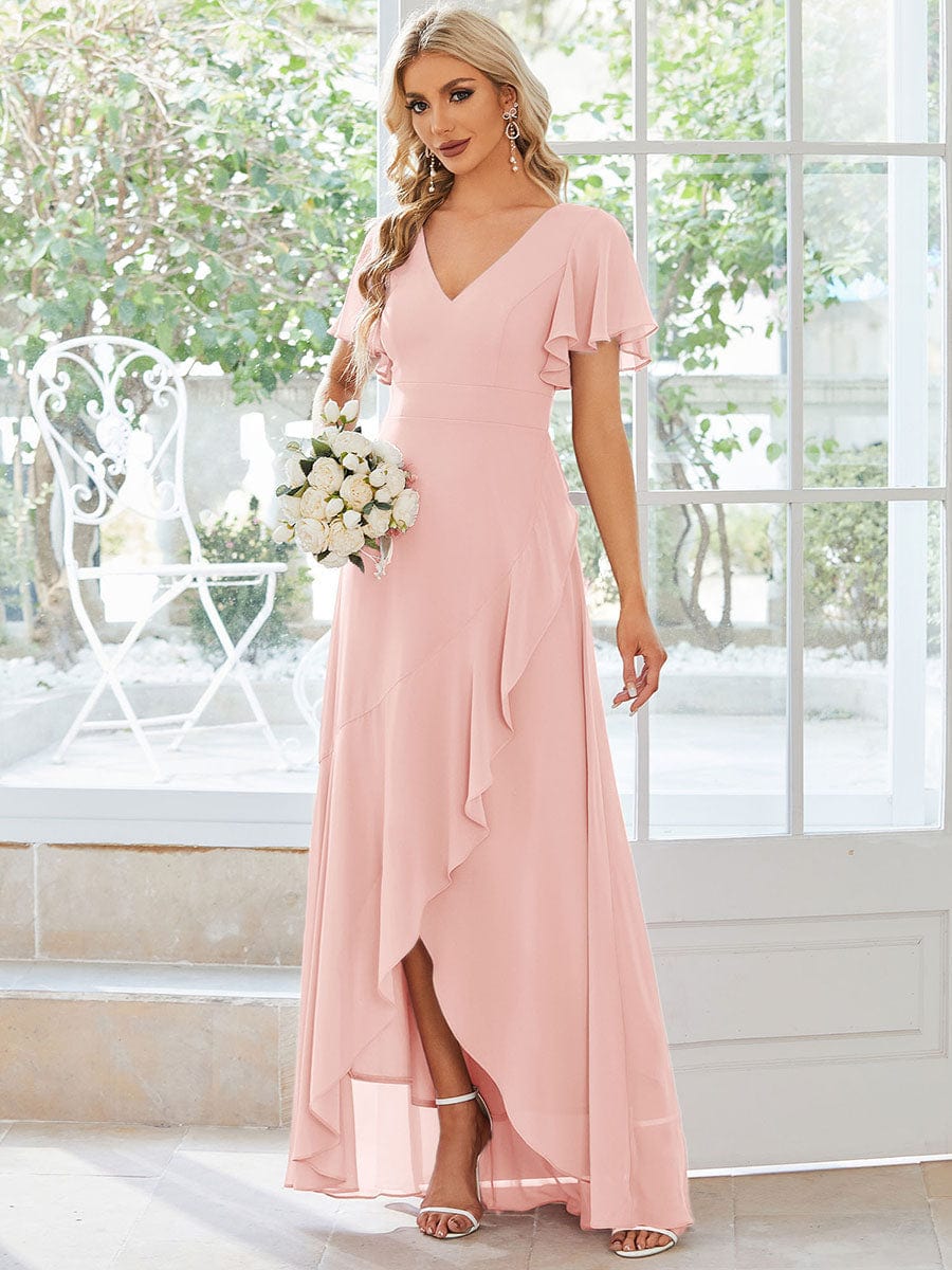 A-Line Chiffon Bridesmaid Dress with High-Low Ruffles in V-Neck Style