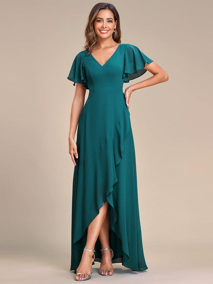 A-Line Chiffon Bridesmaid Dress with High-Low Ruffles in V-Neck Style