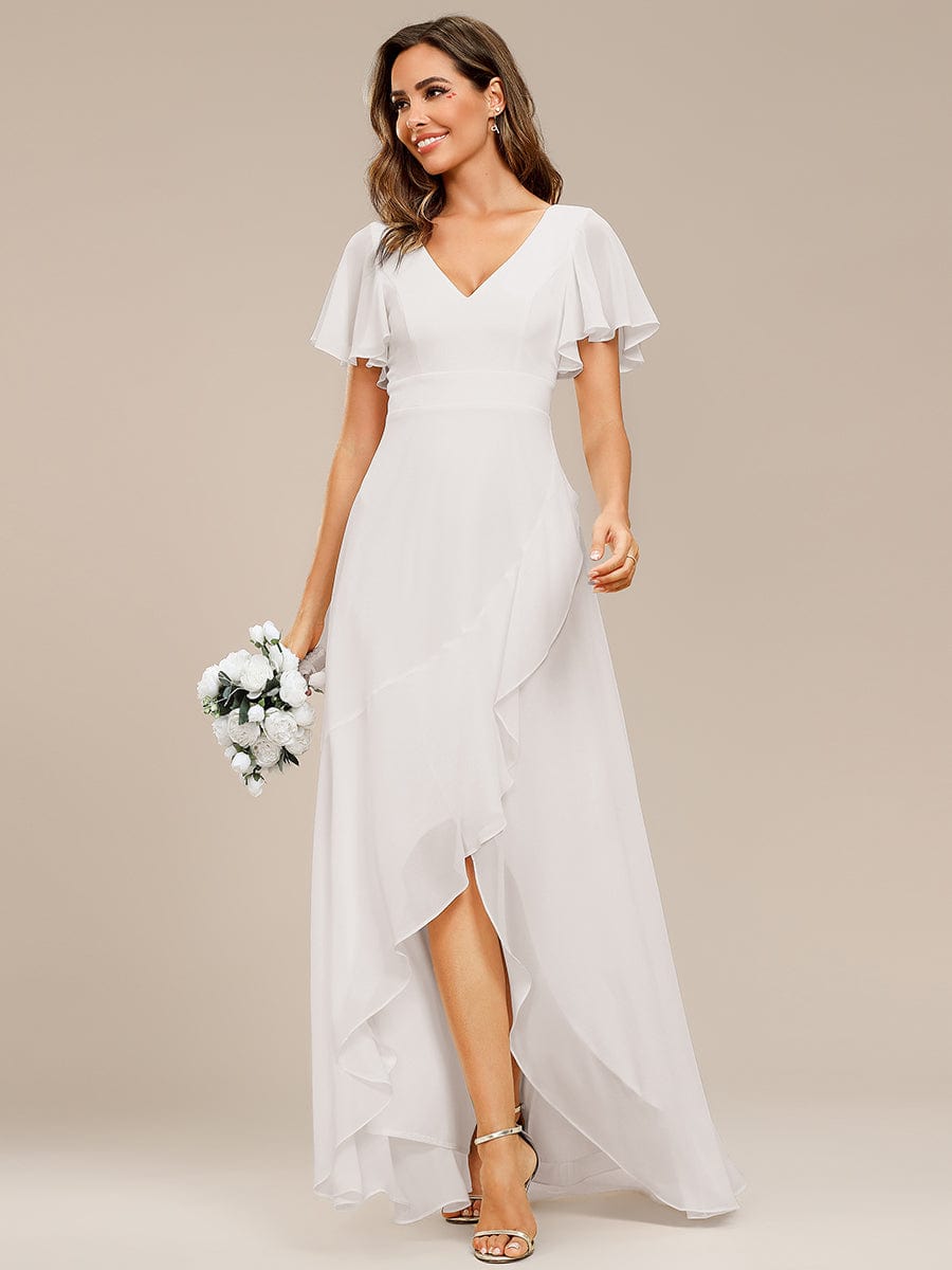 A-Line Chiffon Bridesmaid Dress with High-Low Ruffles in V-Neck Style