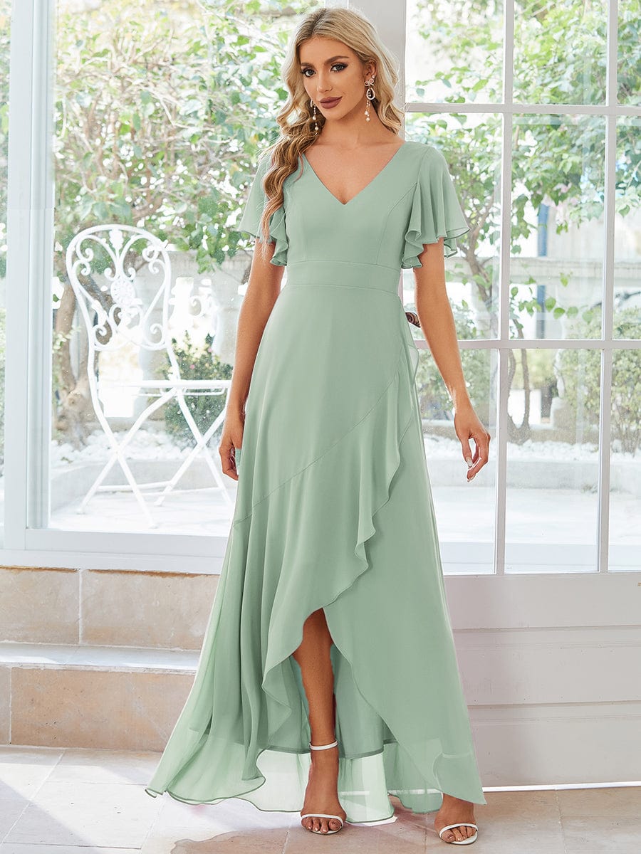 A-Line Chiffon Bridesmaid Dress with High-Low Ruffles in V-Neck Style