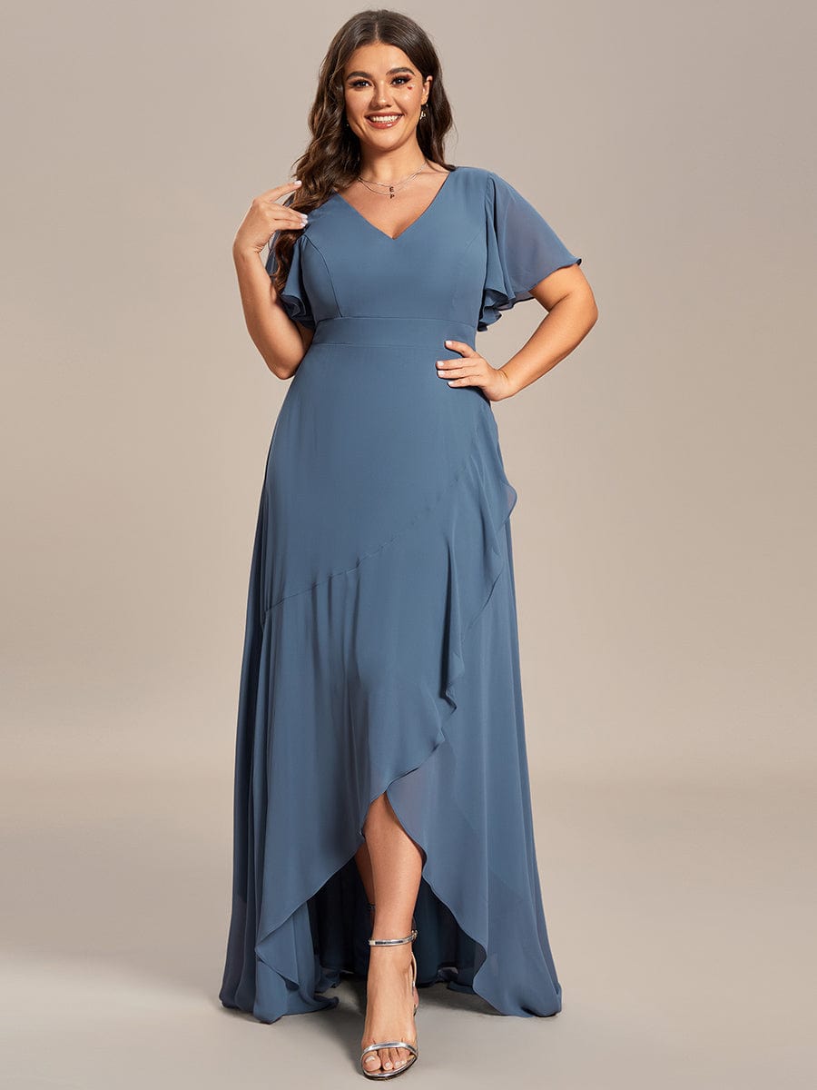 A-Line Chiffon Bridesmaid Dress with High-Low Ruffles in V-Neck Style