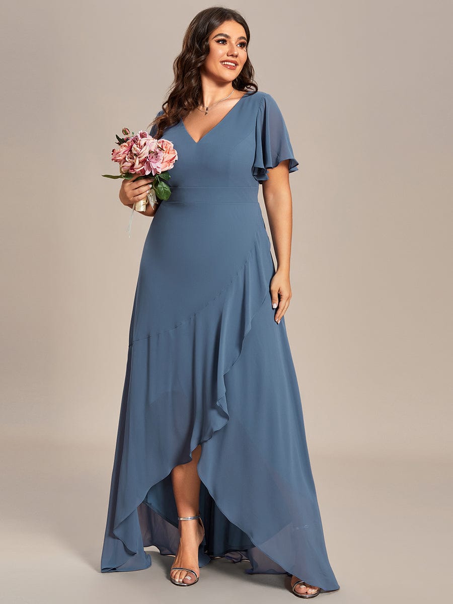 A-Line Chiffon Bridesmaid Dress with High-Low Ruffles in V-Neck Style