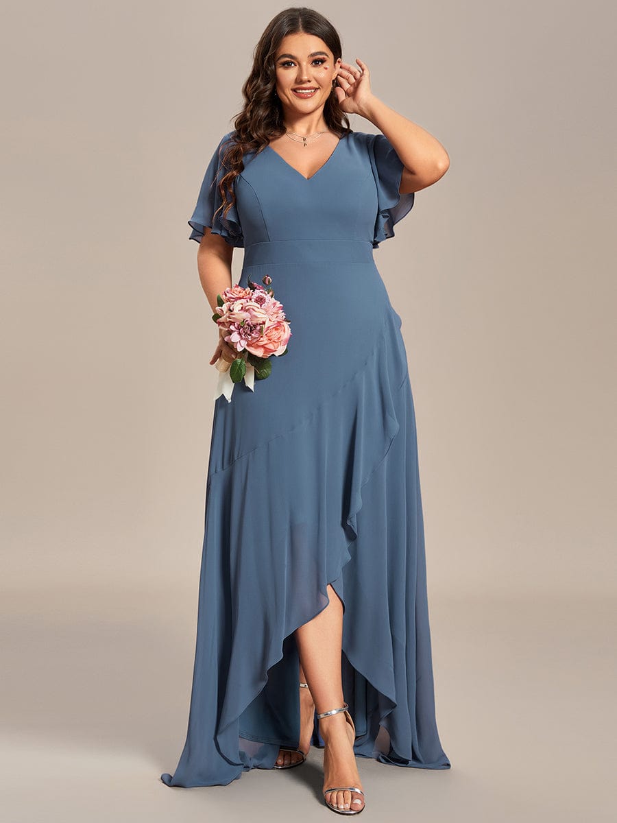 A-Line Chiffon Bridesmaid Dress with High-Low Ruffles in V-Neck Style