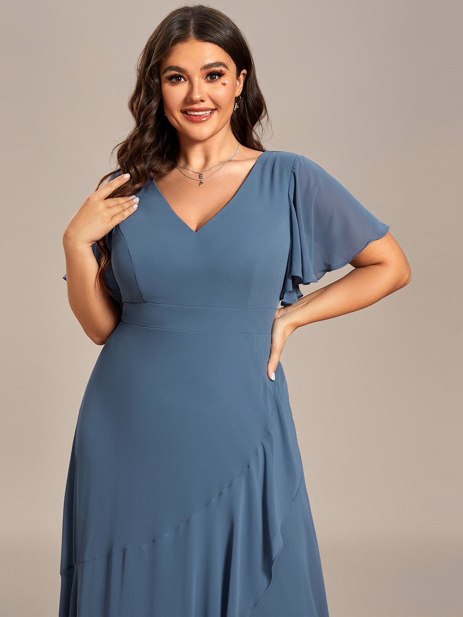 A-Line Chiffon Bridesmaid Dress with High-Low Ruffles in V-Neck Style