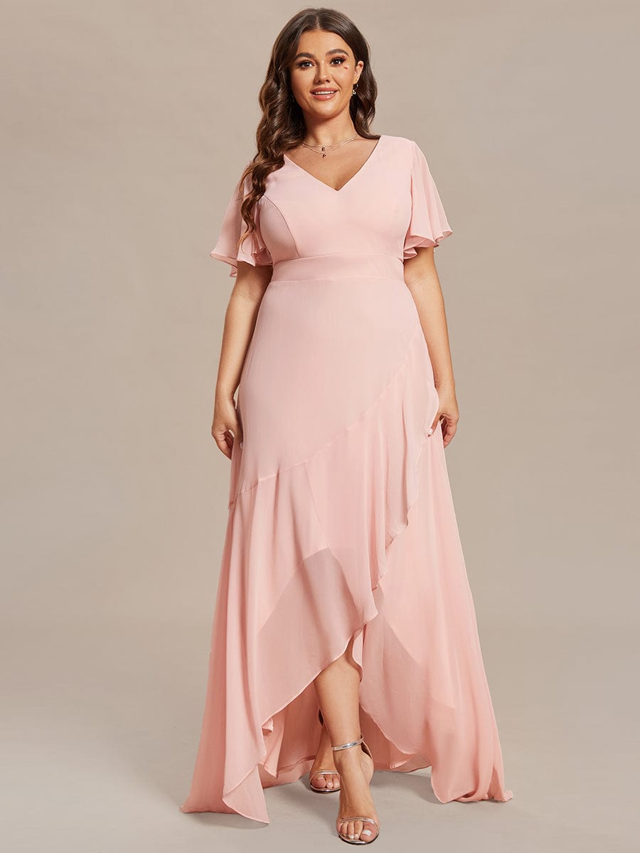 A-Line Chiffon Bridesmaid Dress with High-Low Ruffles in V-Neck Style