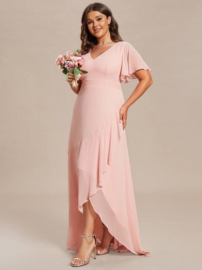 A-Line Chiffon Bridesmaid Dress with High-Low Ruffles in V-Neck Style