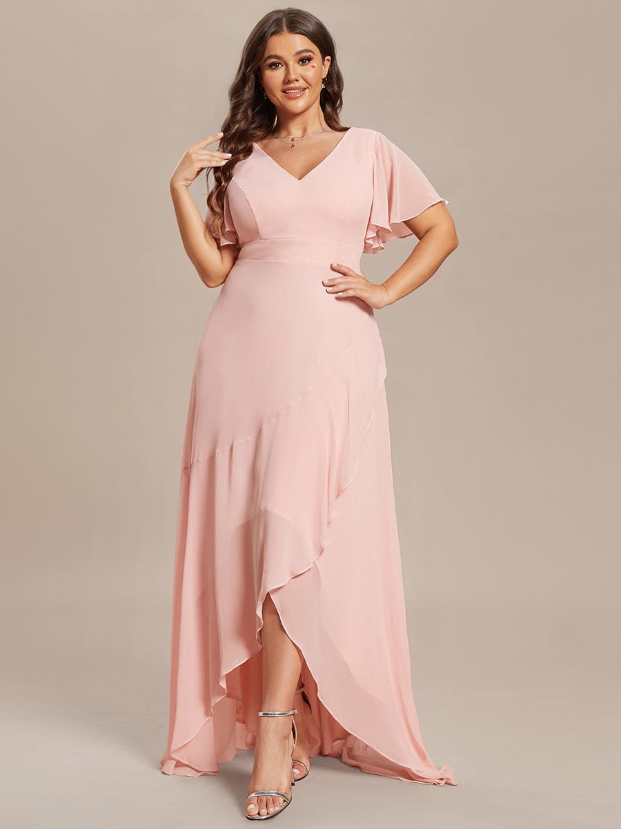 A-Line Chiffon Bridesmaid Dress with High-Low Ruffles in V-Neck Style