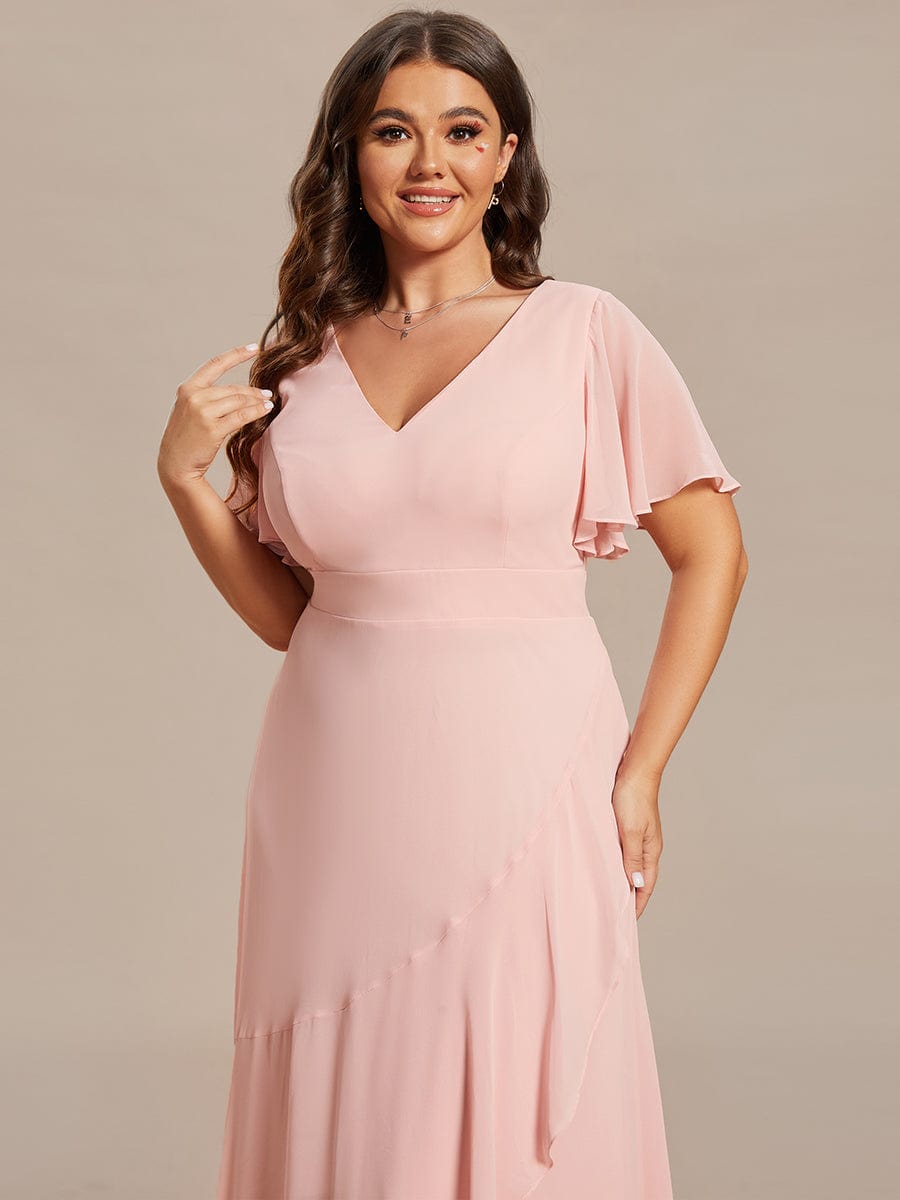 A-Line Chiffon Bridesmaid Dress with High-Low Ruffles in V-Neck Style