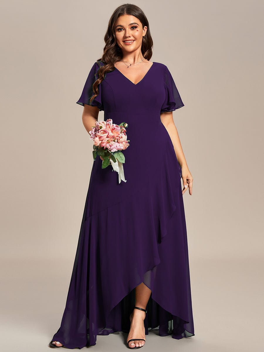 A-Line Chiffon Bridesmaid Dress with High-Low Ruffles in V-Neck Style