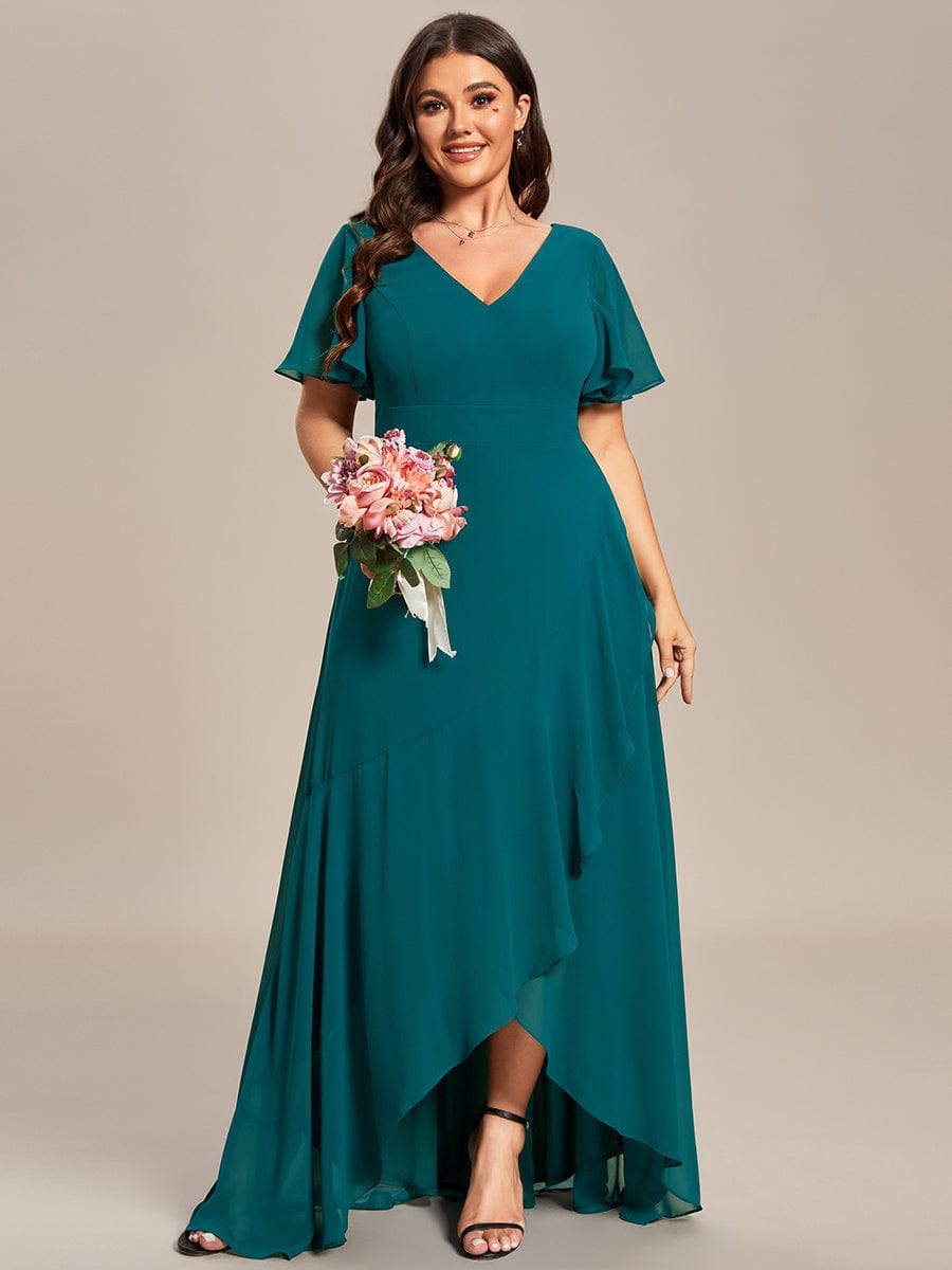 A-Line Chiffon Bridesmaid Dress with High-Low Ruffles in V-Neck Style