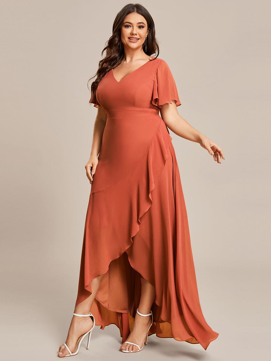 A-Line Chiffon Bridesmaid Dress with High-Low Ruffles in V-Neck Style