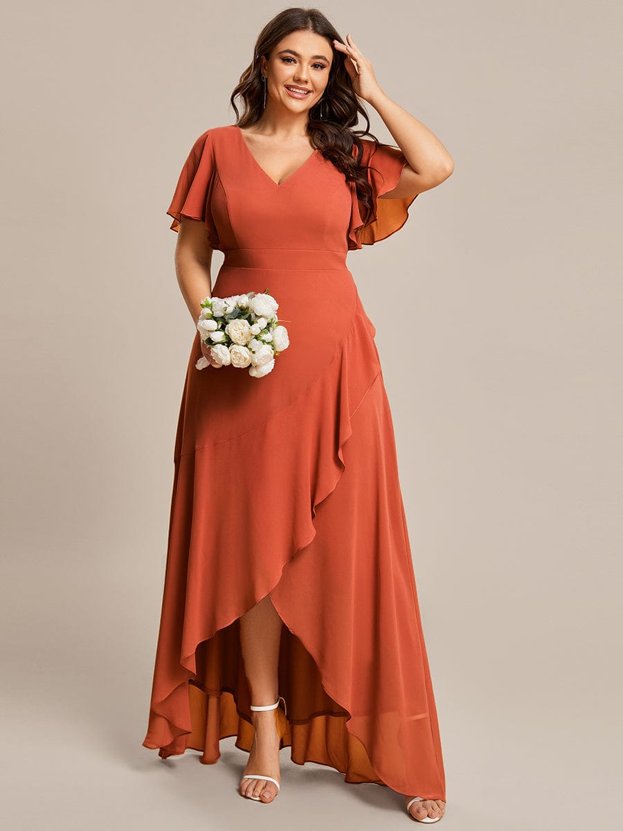 A-Line Chiffon Bridesmaid Dress with High-Low Ruffles in V-Neck Style