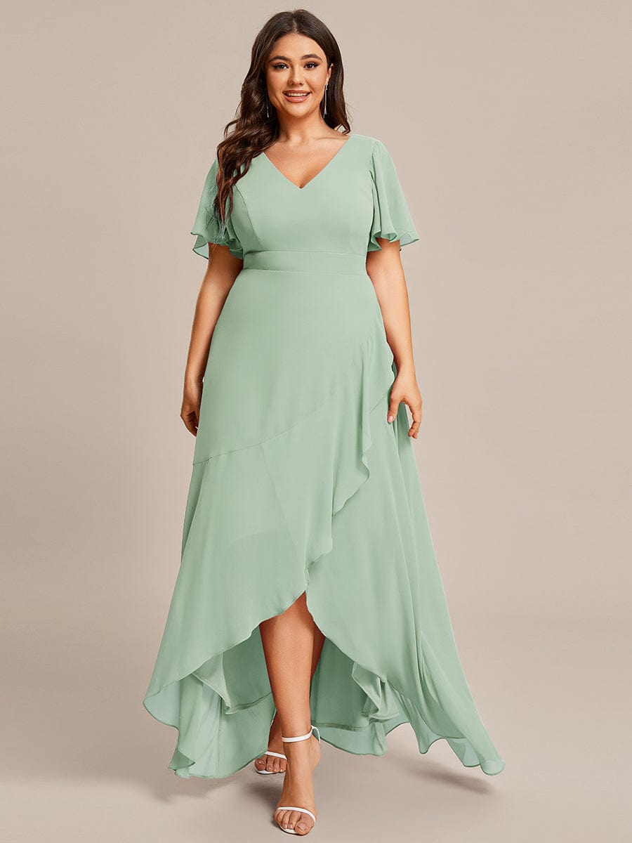 A-Line Chiffon Bridesmaid Dress with High-Low Ruffles in V-Neck Style