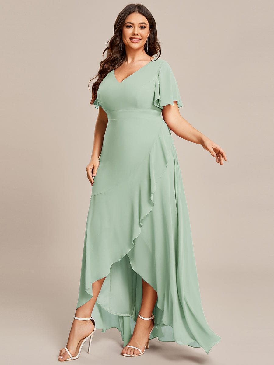 A-Line Chiffon Bridesmaid Dress with High-Low Ruffles in V-Neck Style