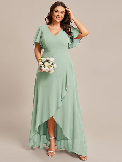 A-Line Chiffon Bridesmaid Dress with High-Low Ruffles in V-Neck Style