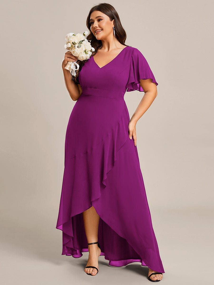 A-Line Chiffon Bridesmaid Dress with High-Low Ruffles in V-Neck Style