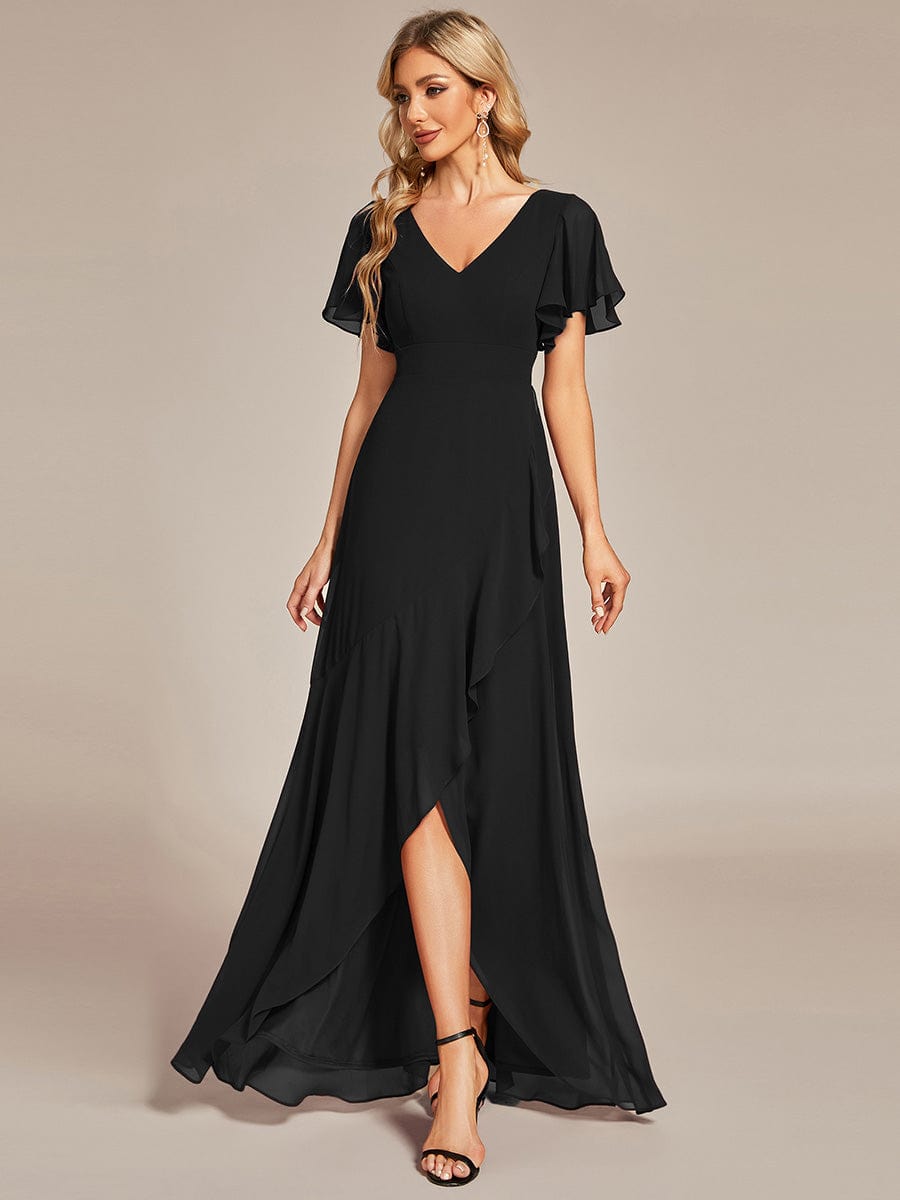 A-Line Chiffon Bridesmaid Dress with High-Low Ruffles in V-Neck Style