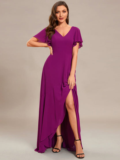 A-Line Chiffon Bridesmaid Dress with High-Low Ruffles in V-Neck Style