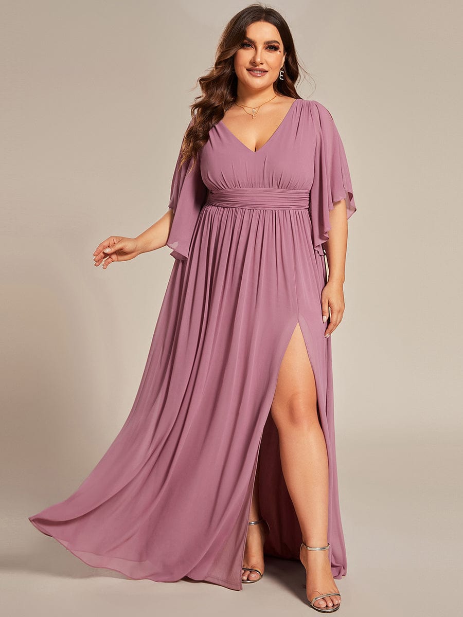 A-Line Chiffon V-Neck Bridesmaid Dress with Half Sleeves for Plus Size