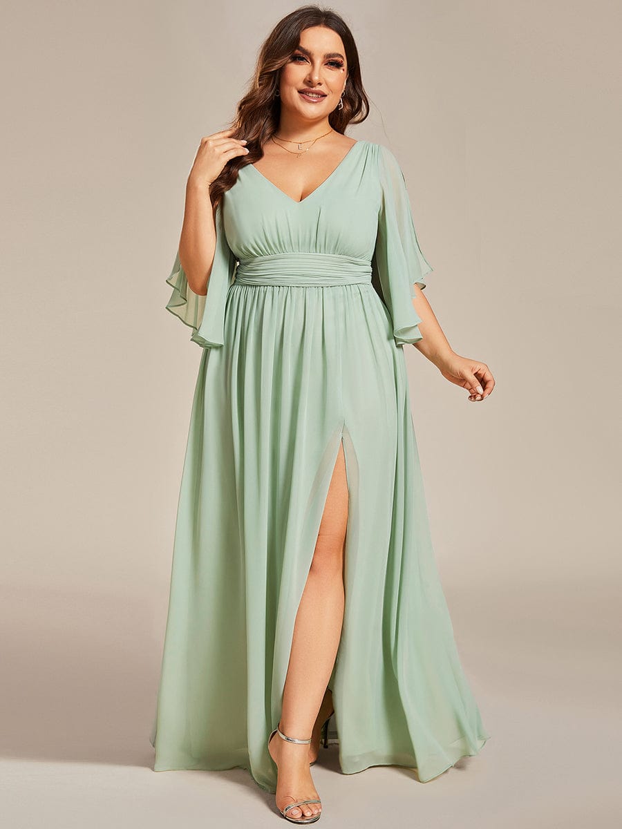 A-Line Chiffon V-Neck Bridesmaid Dress with Half Sleeves for Plus Size