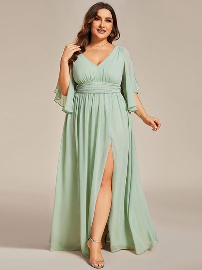 A-Line Chiffon V-Neck Bridesmaid Dress with Half Sleeves for Plus Size