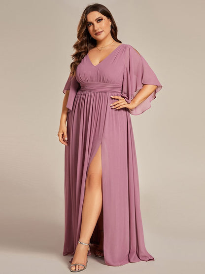 A-Line Chiffon V-Neck Bridesmaid Dress with Half Sleeves for Plus Size