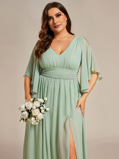 A-Line Chiffon V-Neck Bridesmaid Dress with Half Sleeves for Plus Size