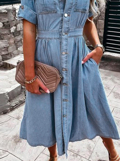 A-Line Flap Pockets Rolled Sleeve V-Neck Casual Lapel Denim Maxi Dresses