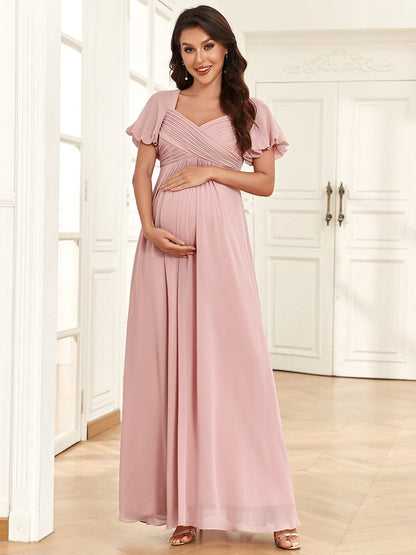 A Line Maternity Dress with Short Lantern Sleeves and Deep V Neck