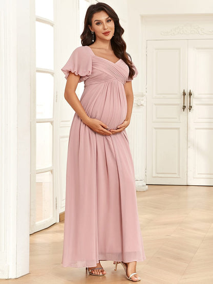 A Line Maternity Dress with Short Lantern Sleeves and Deep V Neck