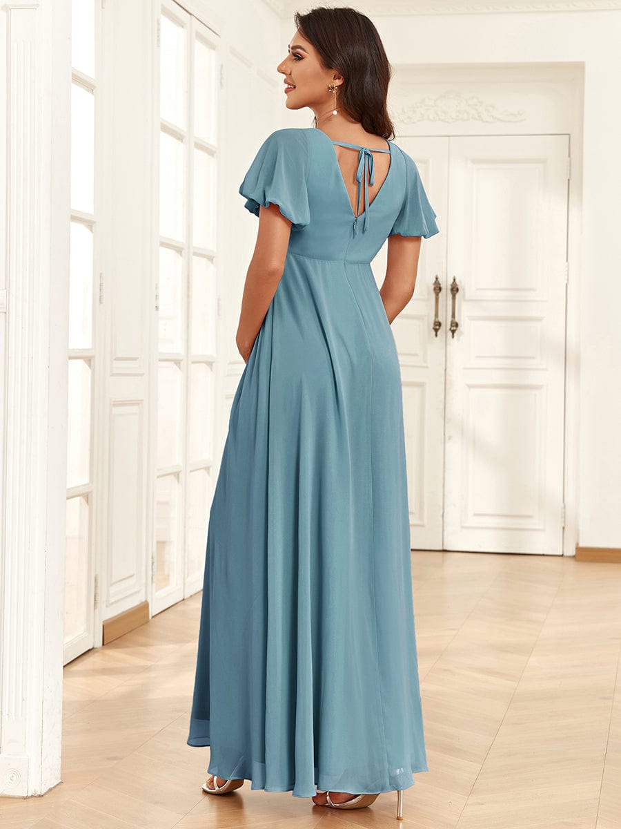 A Line Maternity Dress with Short Lantern Sleeves and Deep V Neck