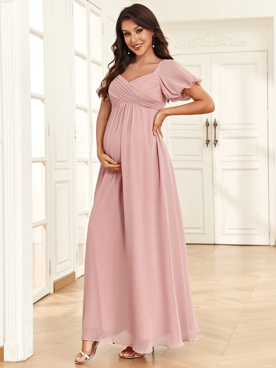 A Line Maternity Dress with Short Lantern Sleeves and Deep V Neck