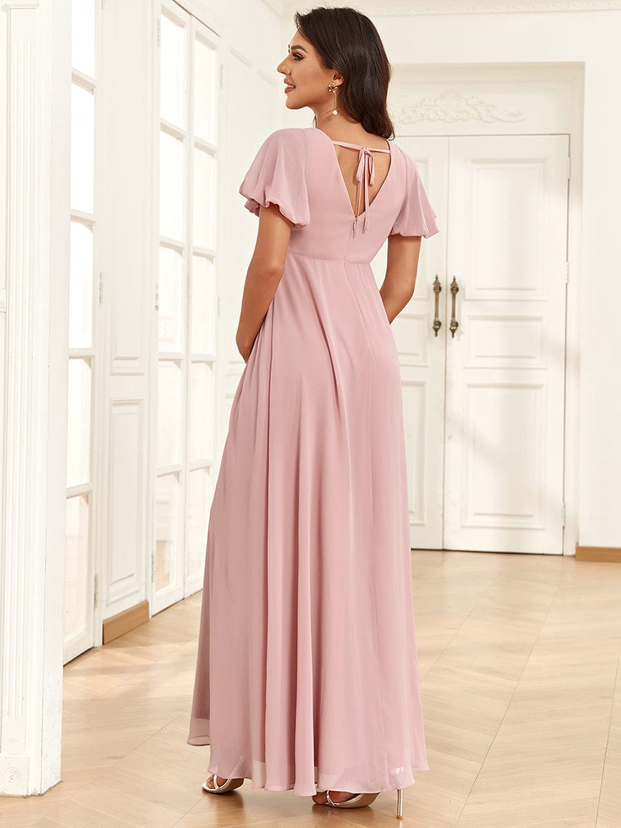 A Line Maternity Dress with Short Lantern Sleeves and Deep V Neck