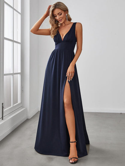 A Line Sleeveless Bridesmaid Dresses with Deep V Neck - Elegant and Stylish