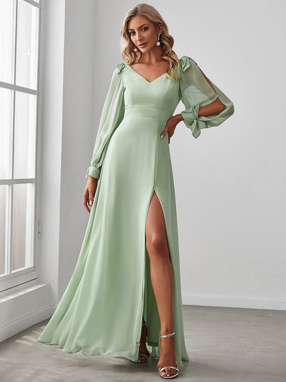 A-Line V-Neck Bridesmaid Dress with Long Lantern Sleeves