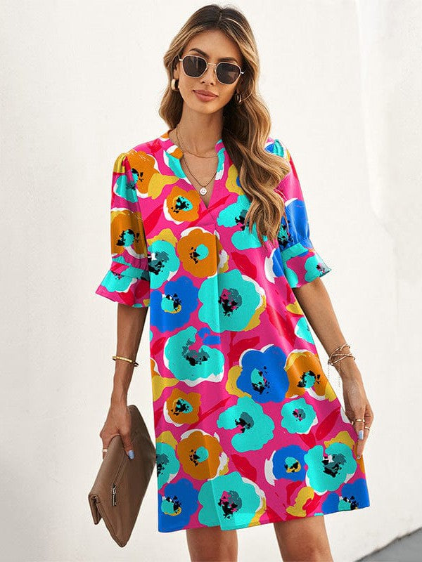 A-line V-neck Women's Dress with Ruffle Sleeves and Floral Print on a Three-Quarter Sleeve Skirt or
Trendy Loose Ruffle Sleeve Dress with V-neck and A-line Skirt in Floral Print