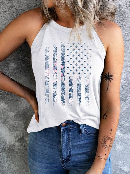 American Flag Floral Print Halter Tank Top