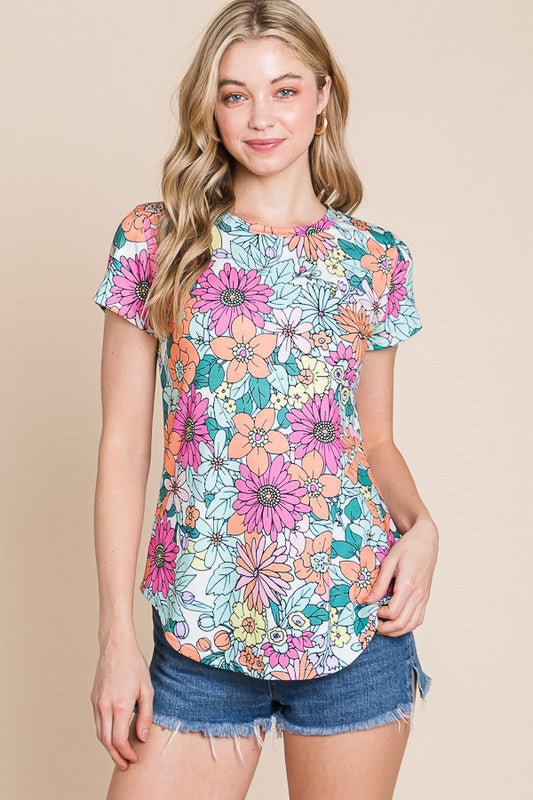 Multicolor Floral Print Asymmetric Hem Short Sleeve Top