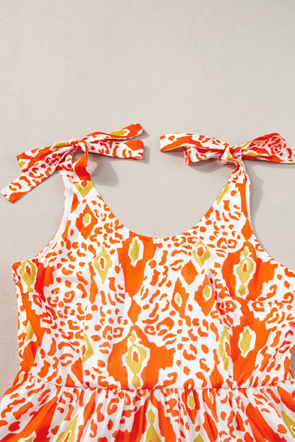 Orange Knotted Straps Leopard Colorblock Dress