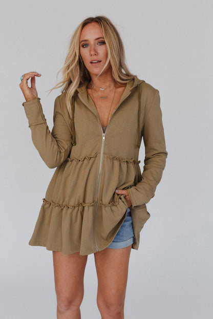 Khaki Tiered Ruffled Zip-Up Drawstring Hooded Jacket