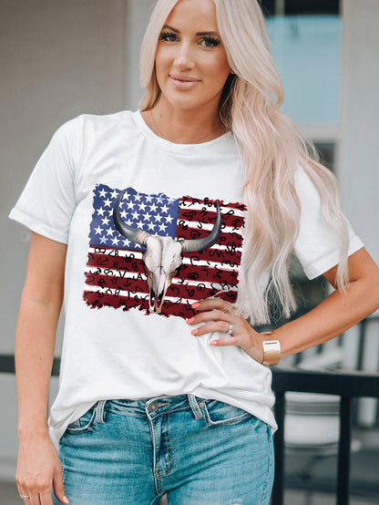 American Pride Bull Skull White Graphic Tee