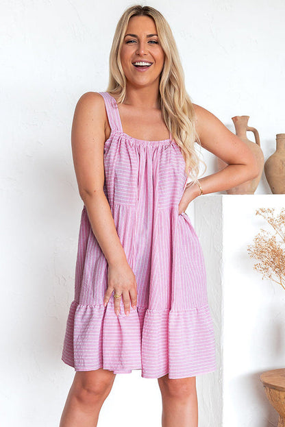 Pink Stripe Pinstriped Ruffled Hem Sleeveless Mini Flared Dress